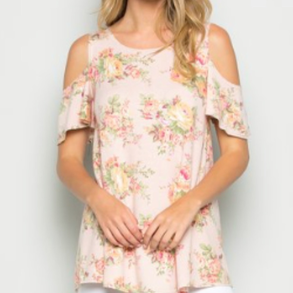 Peach floral terry cloth shoulder cut out tunic